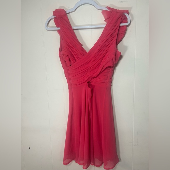 bebe, size 0 coral pink dress, ruffles, silky lining, crisscross back with slits - Picture 6 of 6